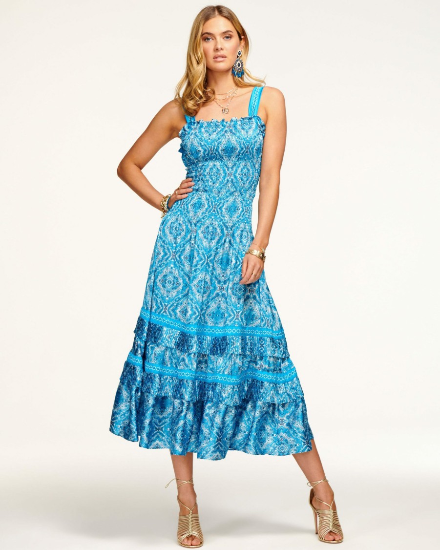 Dresses Ramy Brook | Ramy Brook All New Arrivals Printed Sia Smocked Midi Dress Lagoon