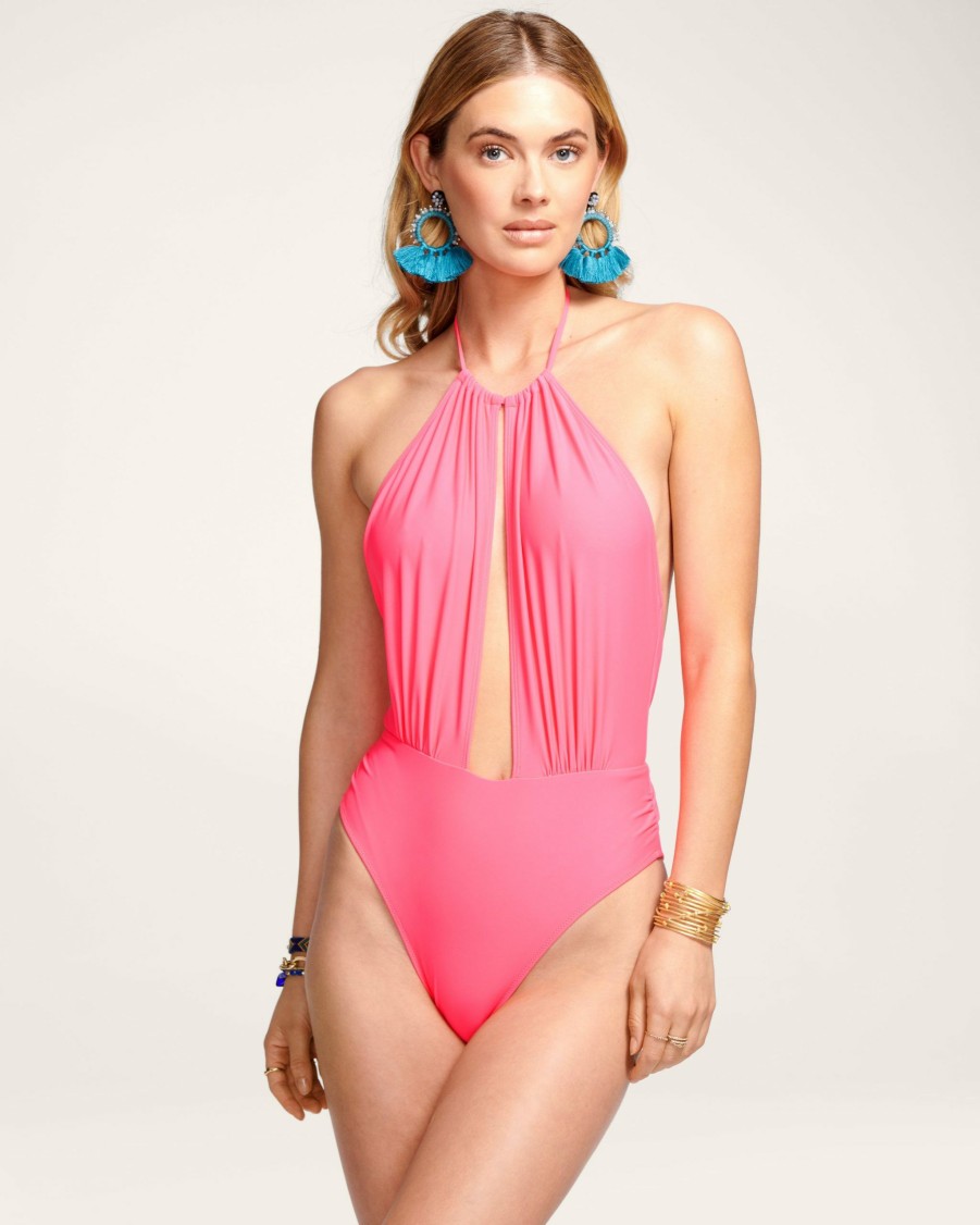 Swim Ramy Brook | Ramy Brook Annka Halter One Piece Swimsuit Neon Pink