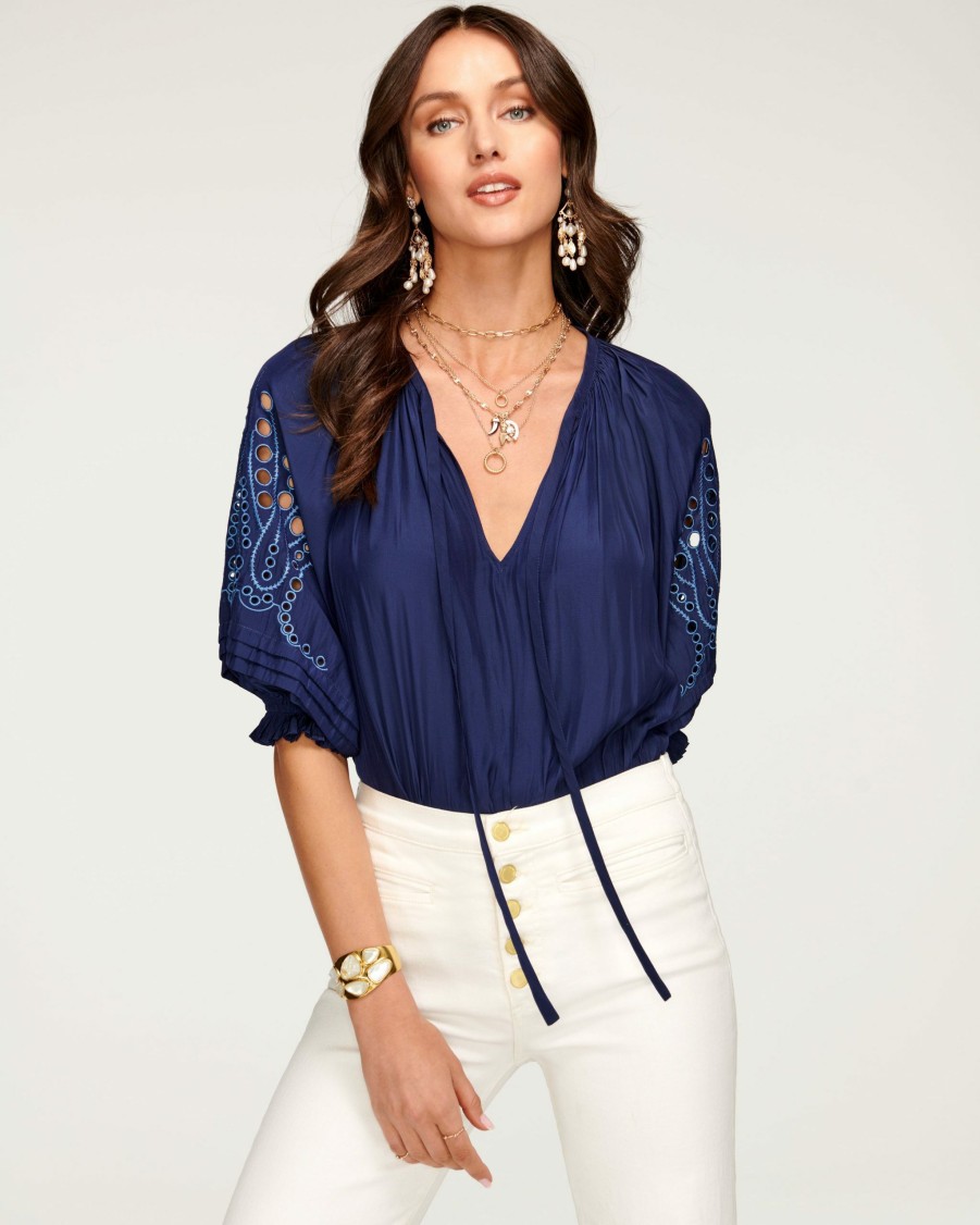 Clothing Ramy Brook | Ramy Brook Marina Puff Sleeve Top Spring Navy