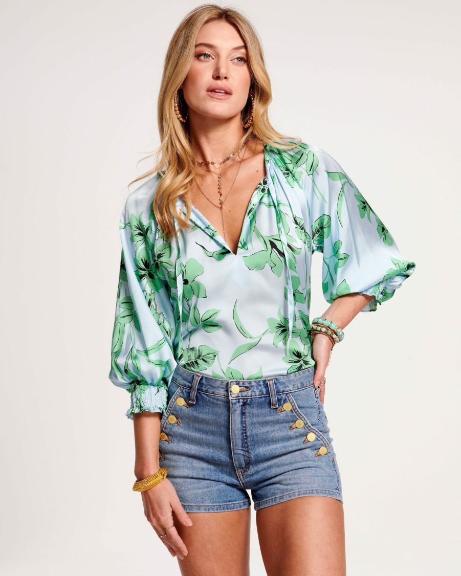 Clothing Ramy Brook | Ramy Brook Floral Printed Randi Puff Sleeve Top Capri Green