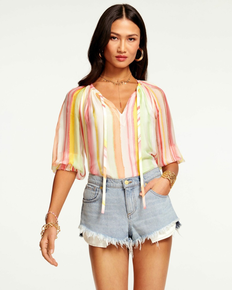 Clothing Ramy Brook | Ramy Brook Printed Randi Puff Sleeve Top Watercolor Stripe