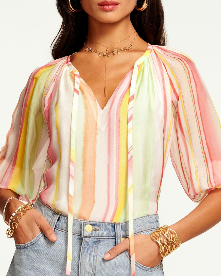 Clothing Ramy Brook | Ramy Brook Printed Randi Puff Sleeve Top Watercolor Stripe