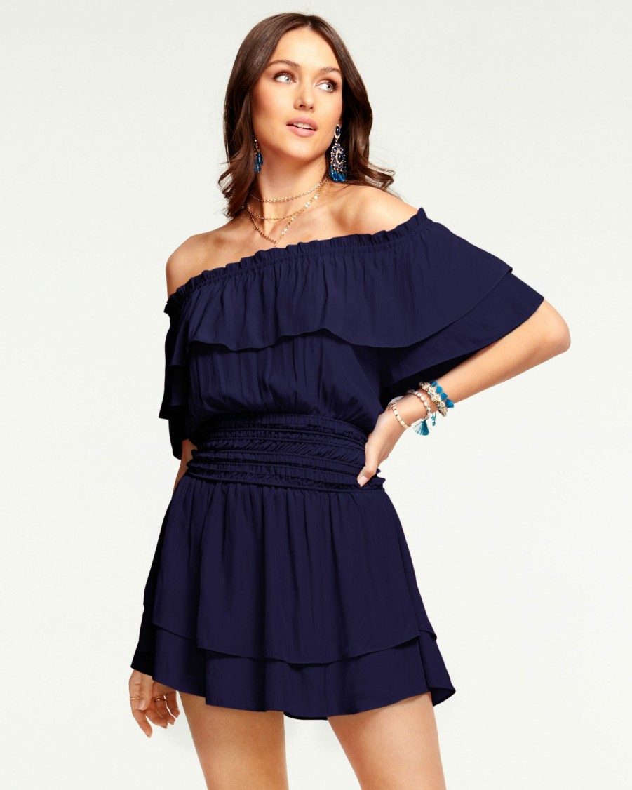 Dresses Ramy Brook | Ramy Brook All New Arrivals Orly Smocked Ruffle Mini Dress Spring Navy